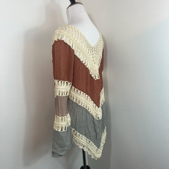 Crochet Tunic Top Shirt Sz M 100% Cotton Boho Color Block Long Slv Flowy Western - Picture 7 of 14